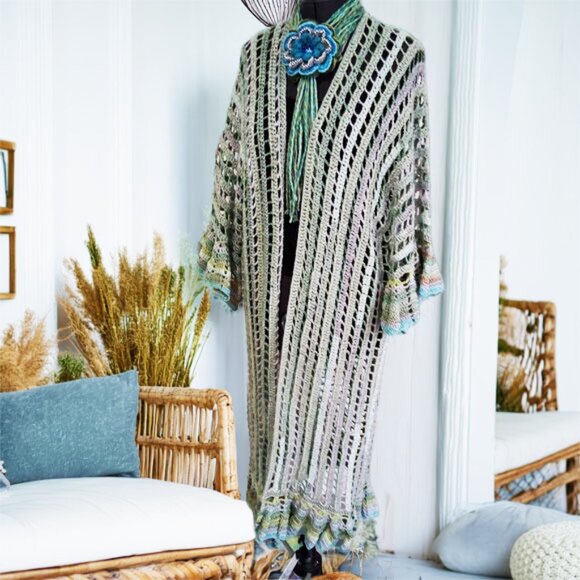 Handmade Sweaters - Light Green Mesh Long Ruffle Edge Sweater Large xl